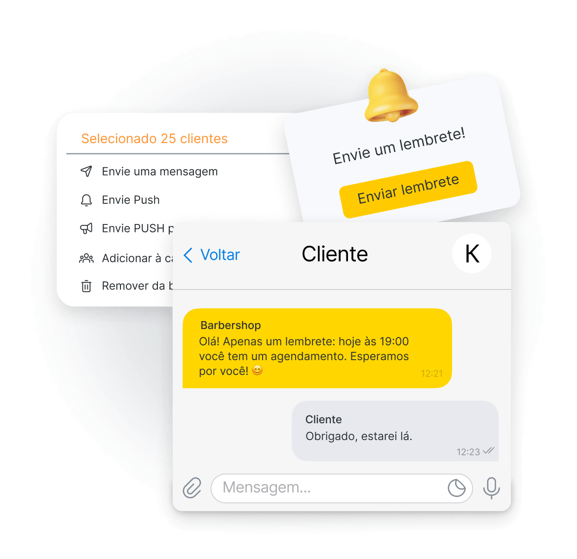 Dashboard showing 'Selected 25 clients' with action items (send message, push notification) and an overlapping yellow reminder card.