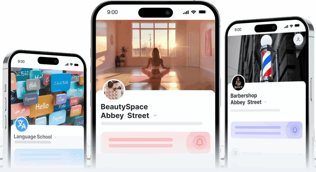 three iphone screens form a collage introducing a lifestyle app with yogabeautyspace language school and barbershop sections | altegio