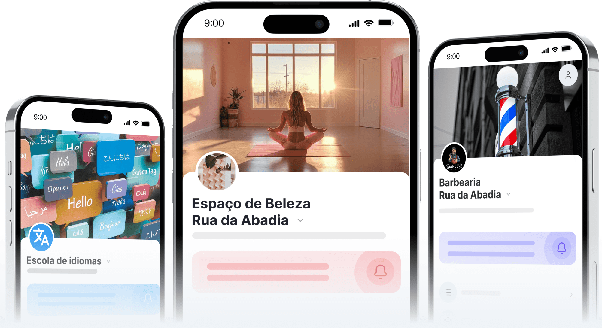 three iphone screens form a collage introducing a lifestyle app with yogabeautyspace language school and barbershop sections | altegio