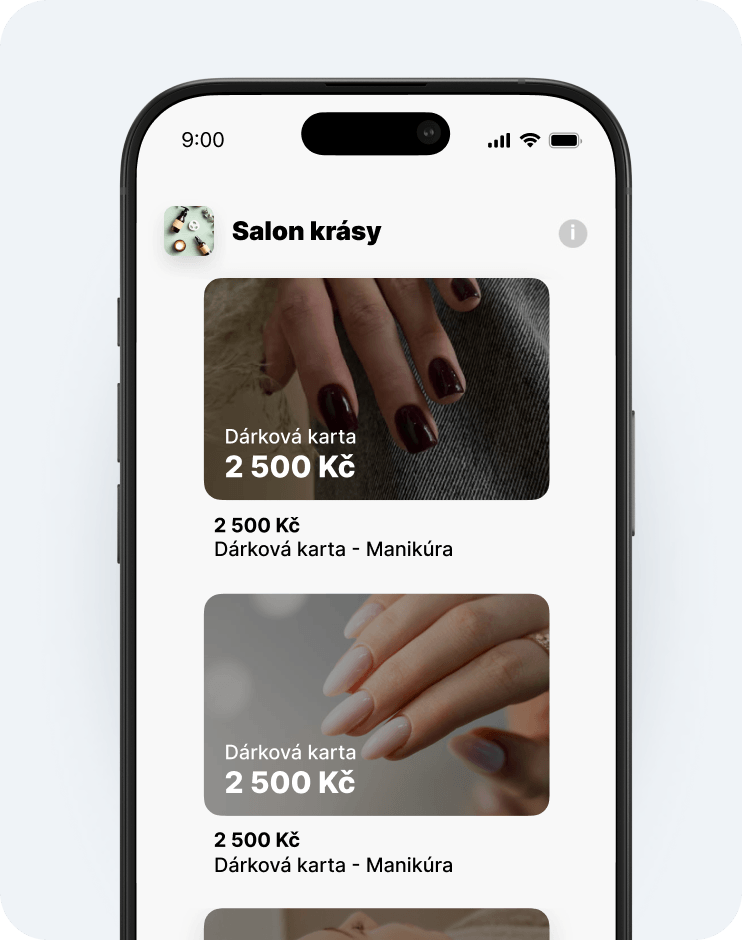 Obrazovka mobilní aplikace pro kosmetický salon, na které jsou zobrazeny dvě zaoblené dárkové karty: dárková karta v hodnotě 100 € a členství v hodnotě 50 € | altegio