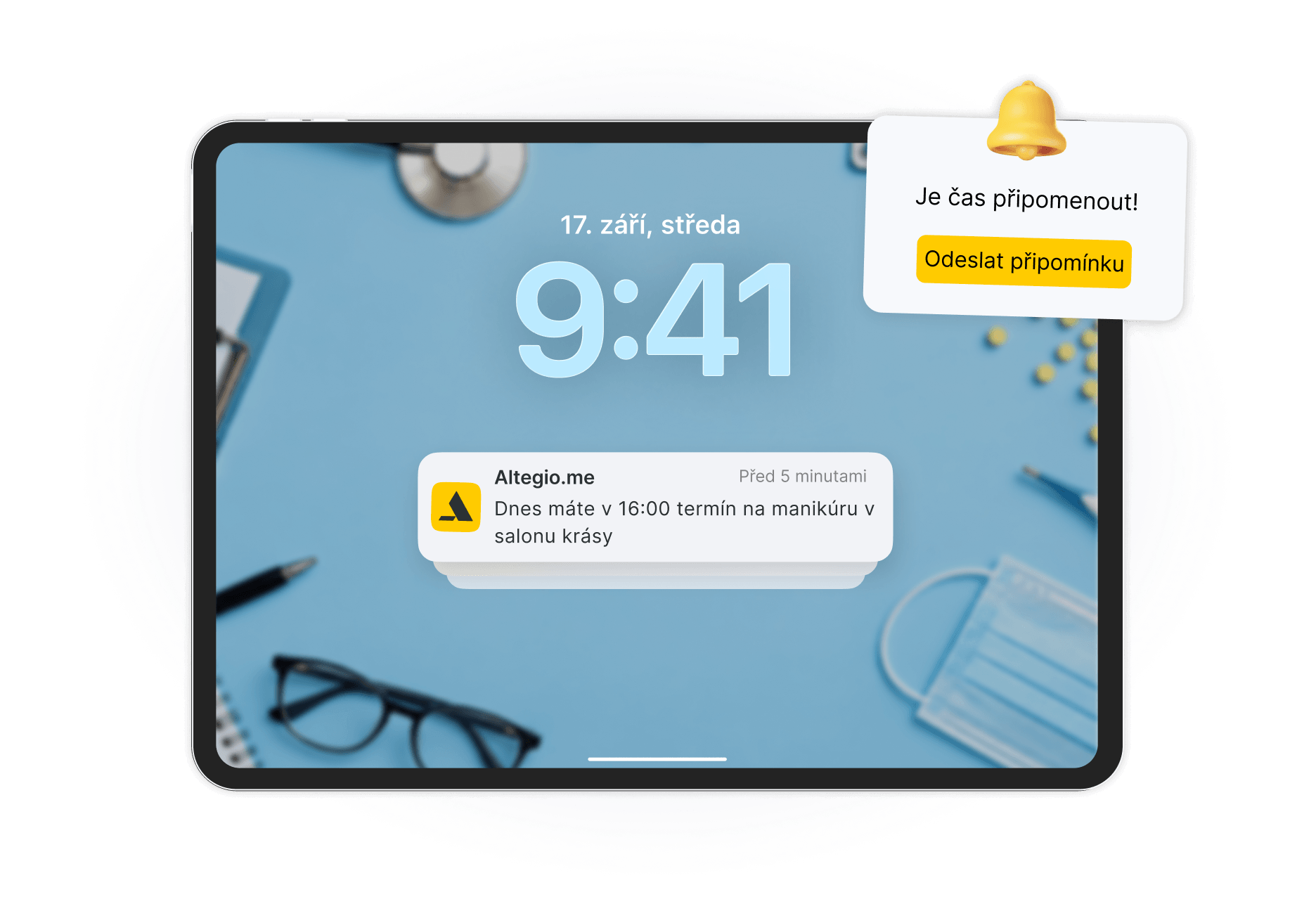 tablet screen showing reminder notification time to remind them with yellow button send reminder over blue workspace another alert about a manicure appointment from altegiome 5 minutes ago | altegio