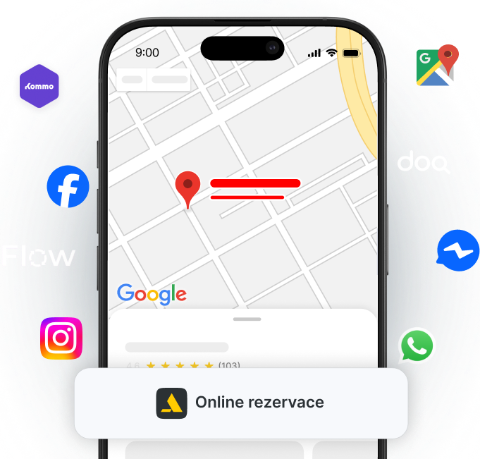 phone screen shows a map with a red location pin and route lines a floating &aposonline booking&apos banner and surrounding social app logos facebook instagram whatsapp etc suggesting sharing or booking | altegio