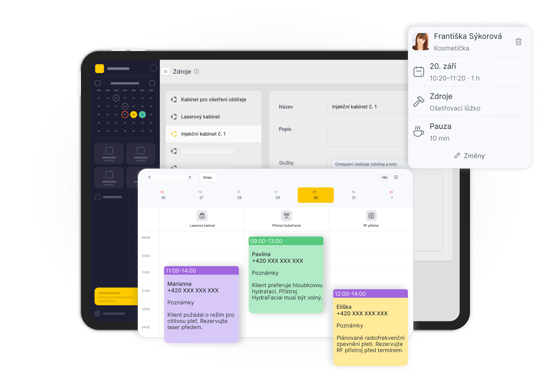 tablet screen showing a scheduling dashboard with a calendar color coded appointment cards and a floating contact card | altegio