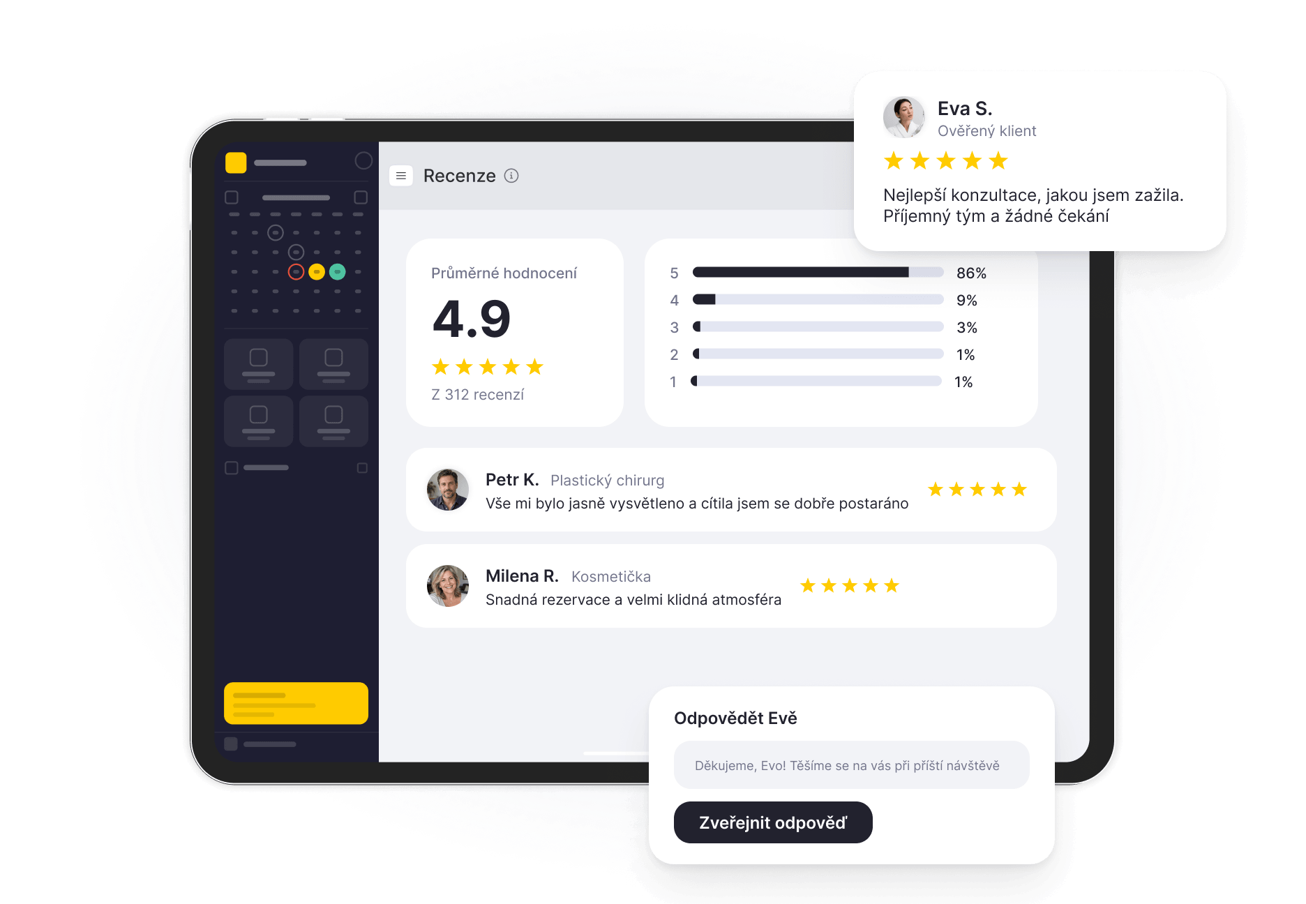 ui dashboard on a tablet showing average rating 49 review breakdown and a floating &aposreply to olivia&apos box | altegio