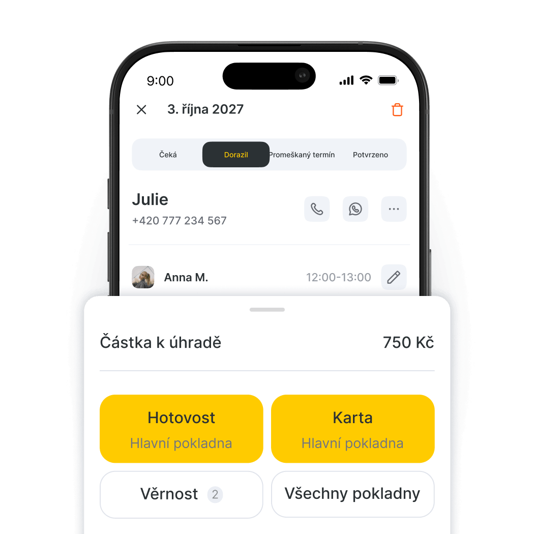 phone screen showing a payment modal amount to pay €30 with cash or card options at the main cash desk | altegio