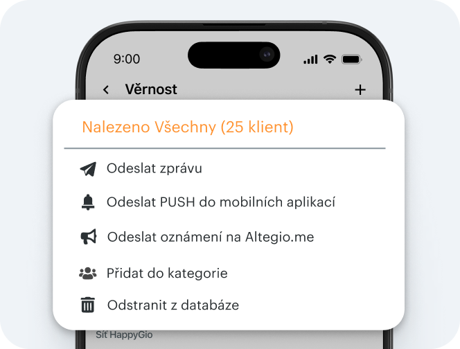 obrazovka zobrazující mobilní modální okno s názvem „vybraných 25 klientů“ a možnostmi akce: odeslat zprávu, odeslat push notifikaci do aplikace, odeslat push notifikaci do Altegio, přidat do kategorie, odstranit z databáze | Altegio