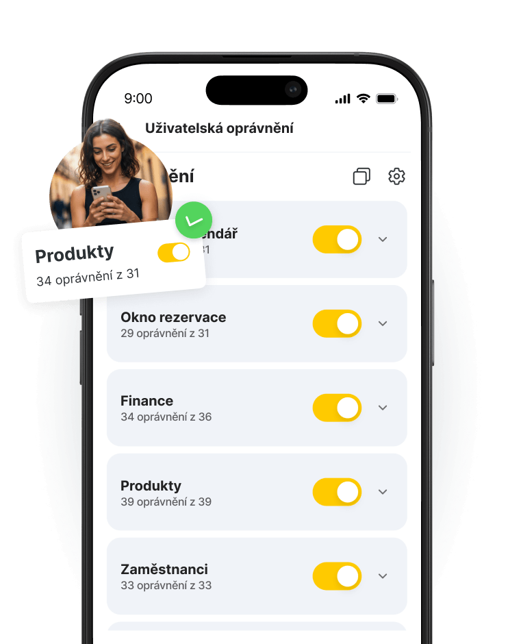 smartphone screen displaying a rights management app with a vertical list inventory booking window finance settings and orange toggle switches a circular profile photo overlaps the top left of the screen | altegio