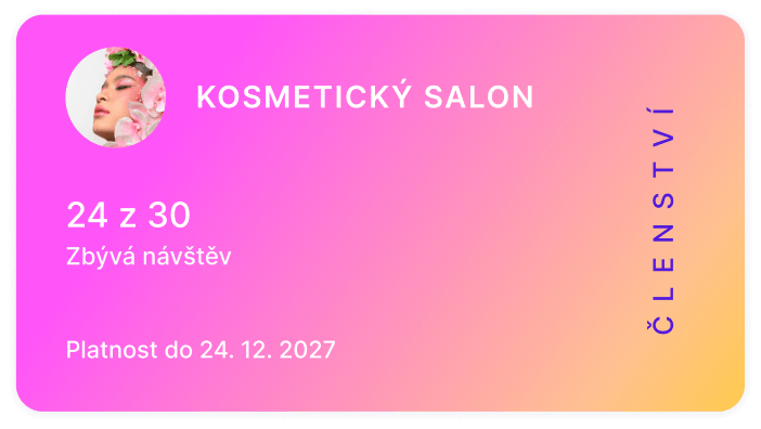 beauty salon membership card with pink to orange gradient round profile photo top left title text &apos24 of 30 visits remaining&apos &aposvalid until 24122027&apos and vertical &aposmembership&apos along the right edge | altegio