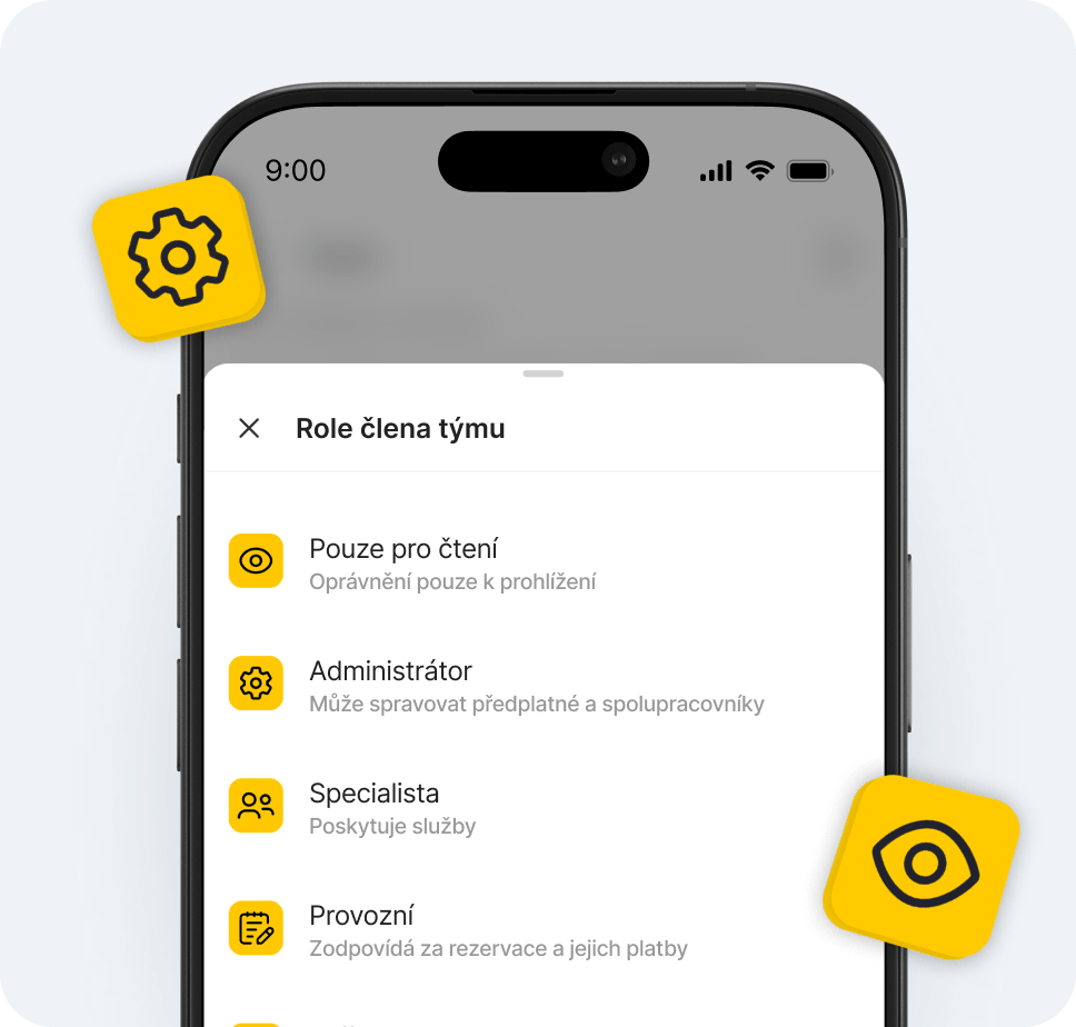 mobile app settings screen labeled &aposteam members role&apos showing a list of user roles with yellow icons eg free access view only and team member | altegio
