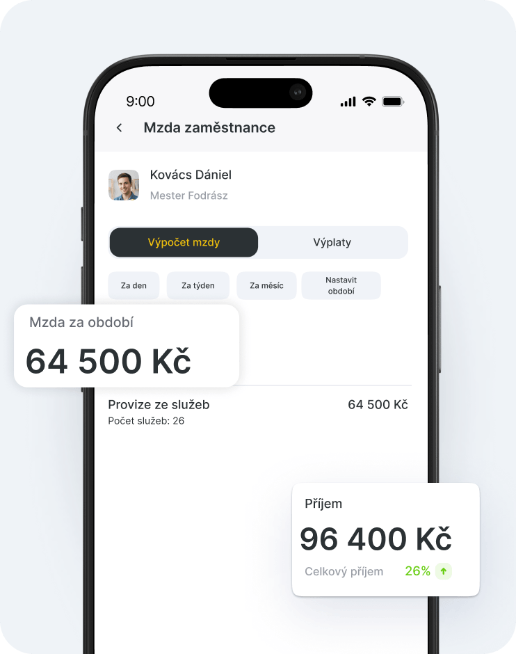 mobile salary dashboard employee profile calculation tab and floating cards showing 4157 € 857 € and 15290 € | altegio