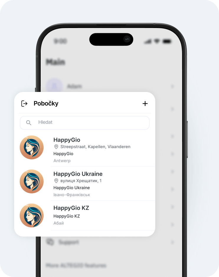 floating locations panel on a smartphone screen with a search bar and three location entries each with an avatar | altegio