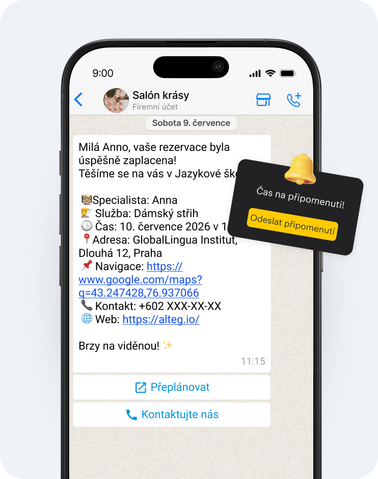 chat conversation showing paid beautyspace appointment details for anna s including service time address map link contact and website reminder card overlay | altegio