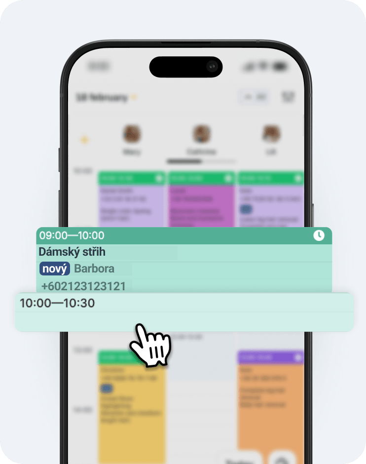 mobile calendar with a green 09001000 appointment &aposwomens haircut + styling&apos for barbara a blue bar for 10001030 being dragged | altegio
