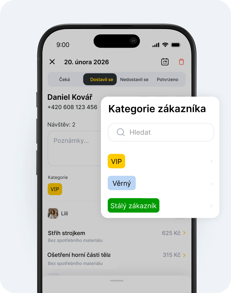 phone screen showing a &aposclient categories&apos modal with a search field and colored category tags vip yellow loyal blue permanent green | altegio