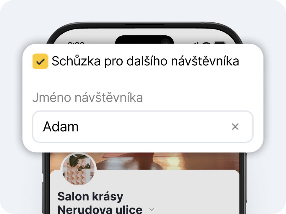modal dialog titled &aposbook for another visitor&apos with a yellow checkmark icon asking for visitor name and showing &aposadam&apos as the entry with a close button | altegio