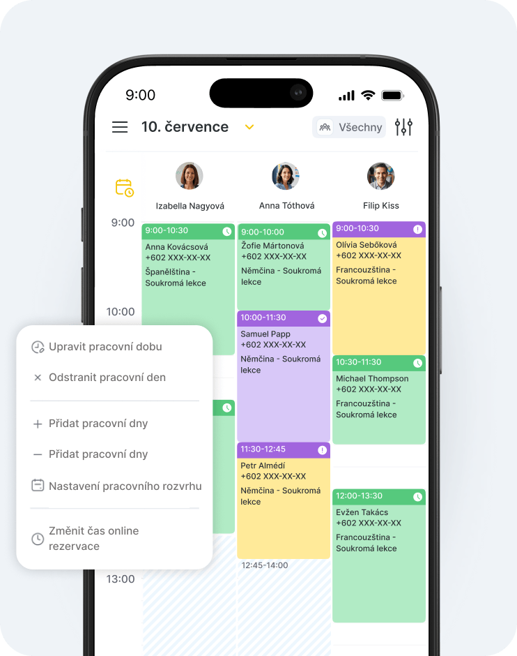 color coded weekly schedule on a mobile calendar with user avatars at the top and a floating menu showing edit and scheduling options overlaid on the screen | altegio