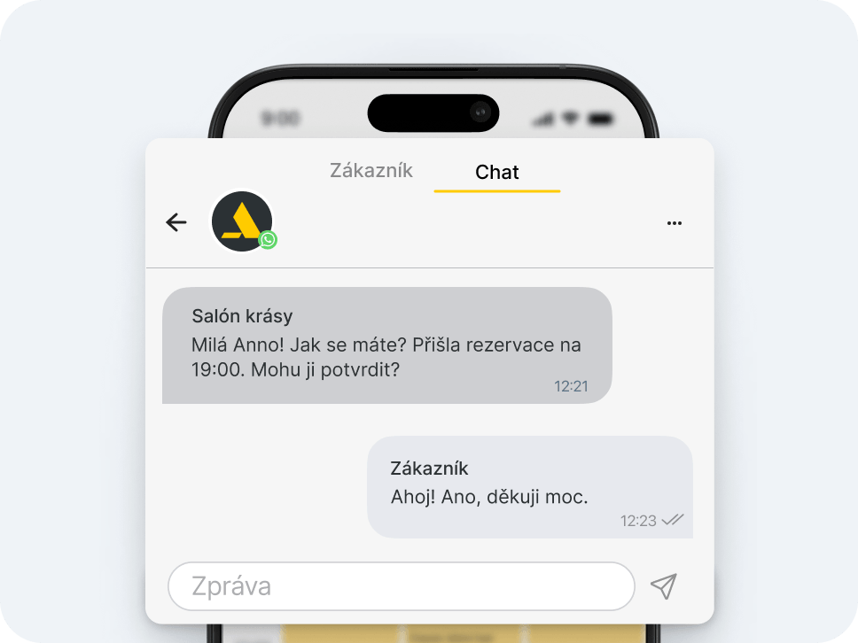 mobile chat app ui header with profile icon and &aposclients&apos and &aposchat&apos tabs current tab underlined in yellow | altegio