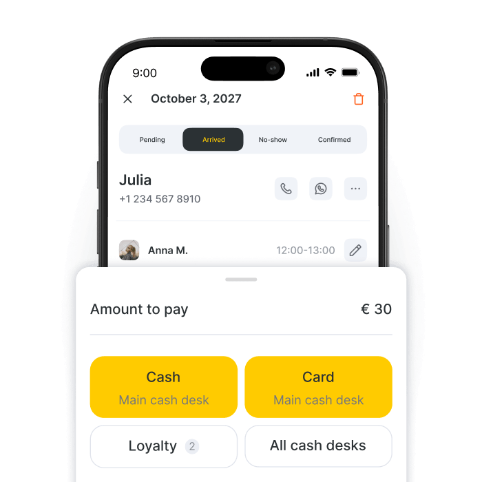 phone screen showing a payment modal amount to pay €30 with cash or card options at the main cash desk | altegio
