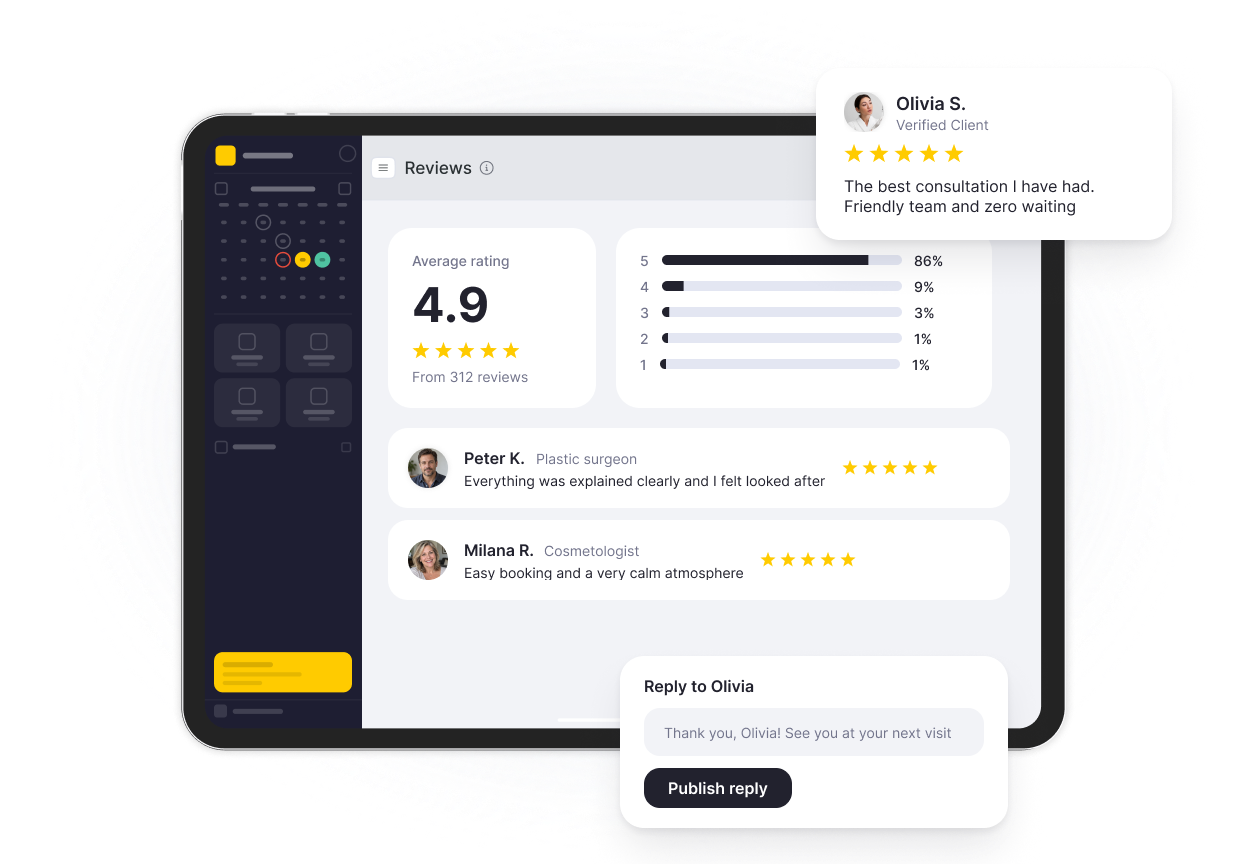 ui dashboard on a tablet showing average rating 49 review breakdown and a floating &aposreply to olivia&apos box | altegio