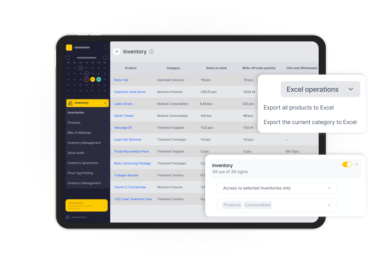 dashboard style inventory app on a tablet showing a product list side navigation and floating excel export panel | altegio