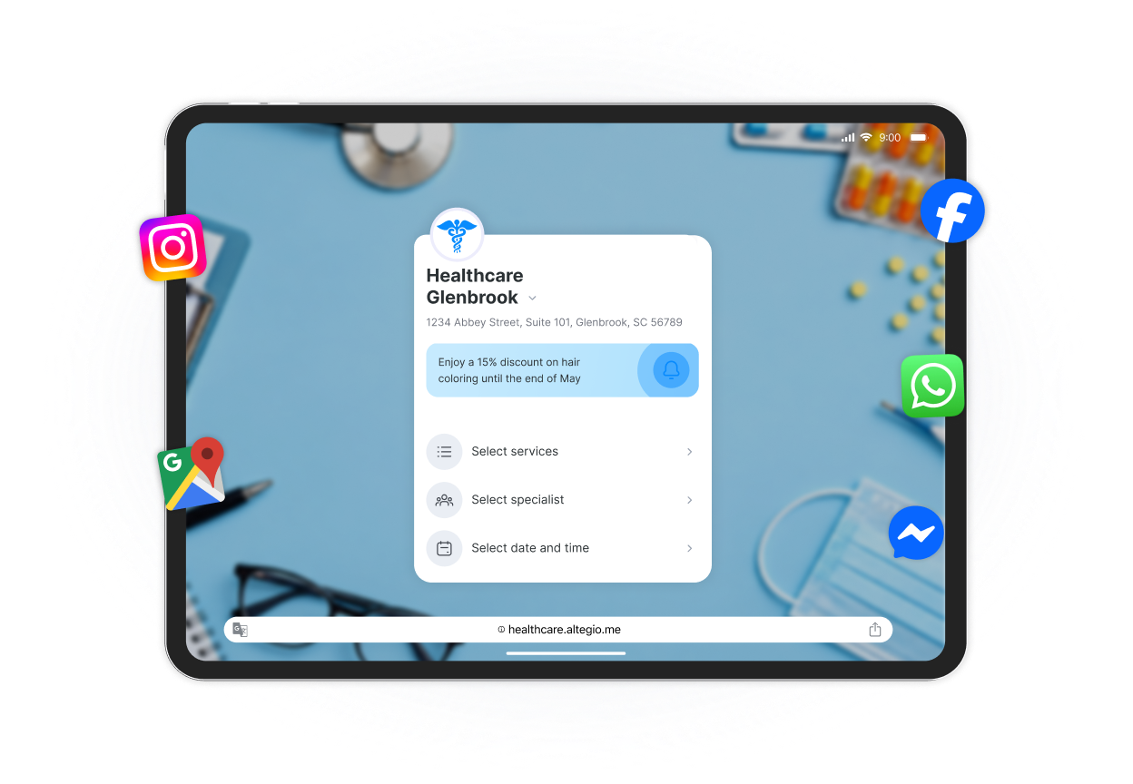tablet screen shows a healthcare glenbrook appointment card with steps select services select specialist and select datetime surrounded by social icons instagram google maps whatsapp facebook messenger | altegio | altegio