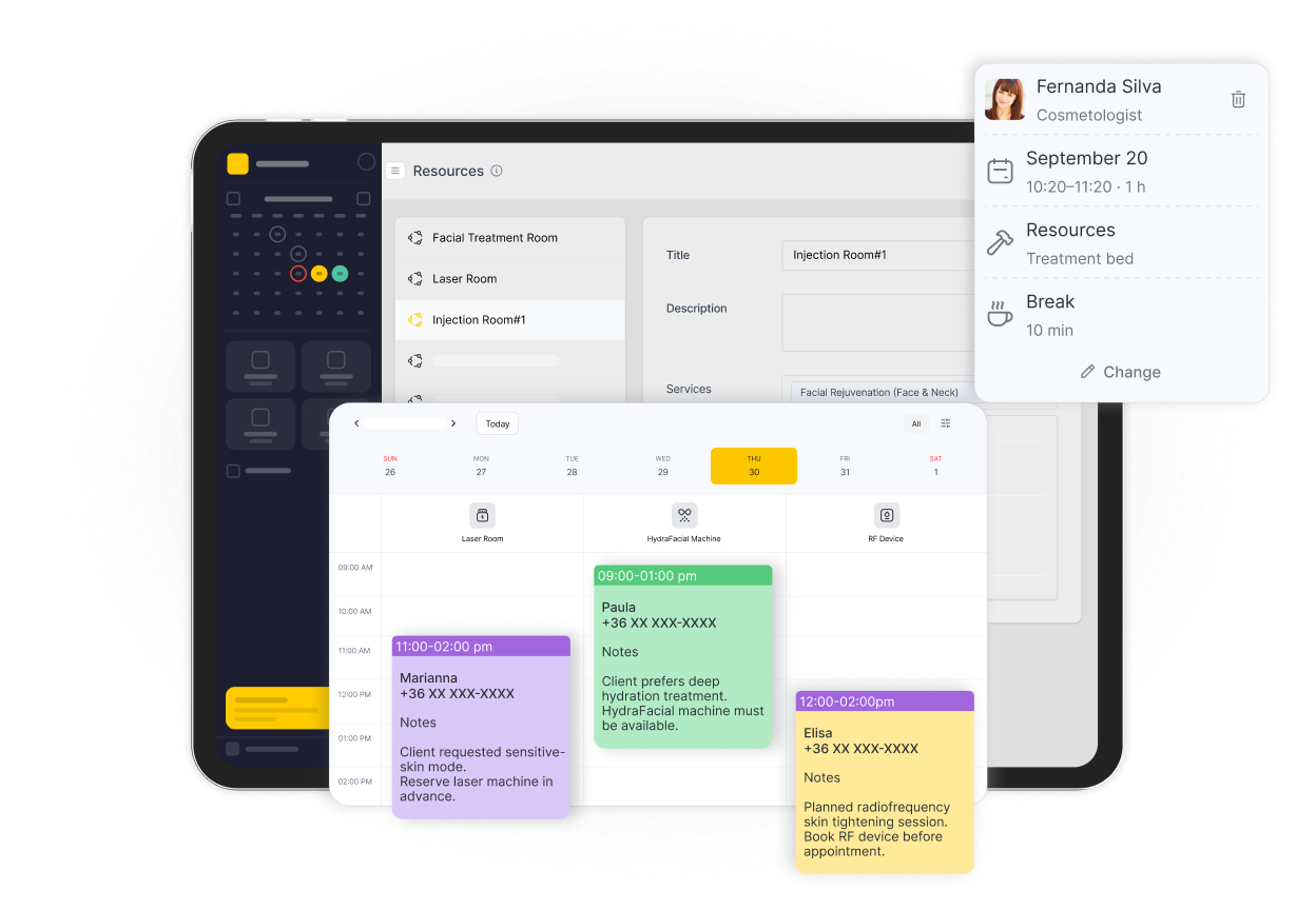 tablet screen showing a scheduling dashboard with a calendar color coded appointment cards and a floating contact card | altegio