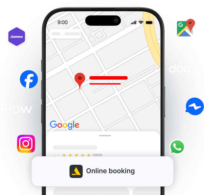 phone screen shows a map with a red location pin and route lines a floating &aposonline booking&apos banner and surrounding social app logos facebook instagram whatsapp etc suggesting sharing or booking | altegio