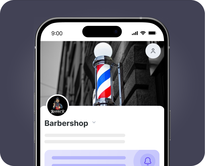 mobile app profile screen for barbershop with barber pole banner circular avatar and the barbershop title | altegio