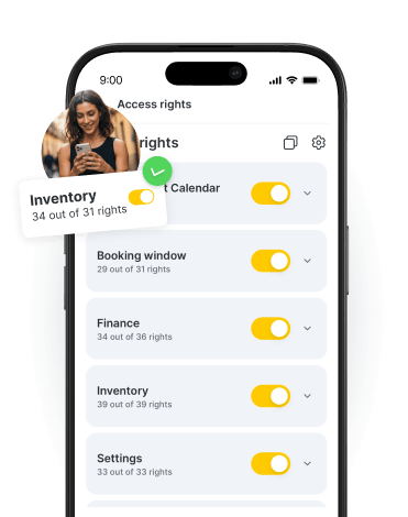 smartphone screen displaying a rights management app with a vertical list inventory booking window finance settings and orange toggle switches a circular profile photo overlaps the top left of the screen | altegio | altegio