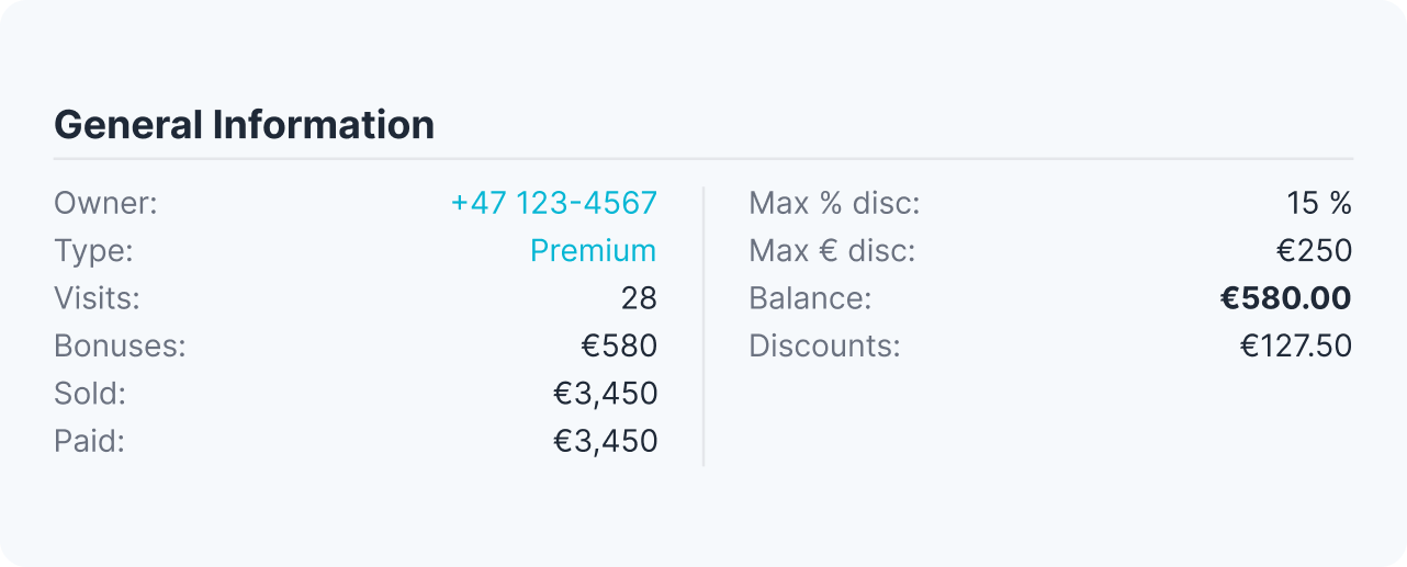 general information card showing account details owner +47 123 4567 type premium visits 28 bonuses €580 sold €3450 paid €3450 right column shows max 15 disc max €250 balance €58000 discounts €12750 | altegio | altegio