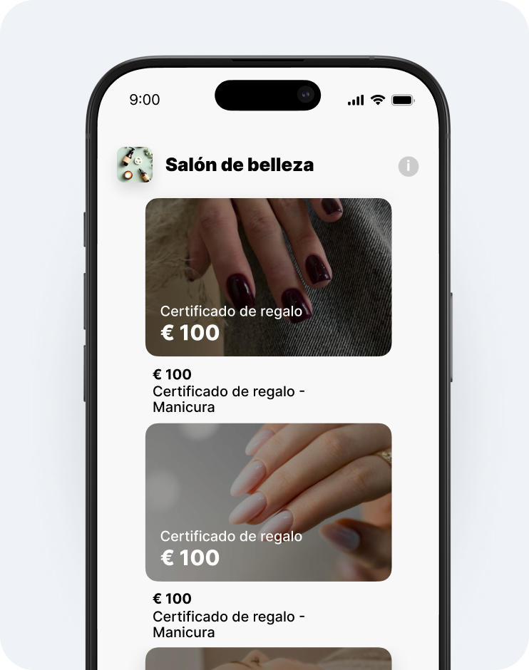Pantalla de una aplicación móvil para un espacio de belleza en la que se muestran dos tarjetas regalo redondeadas: una de 100 € y otra de 50 € para la cuota de socio | altegio