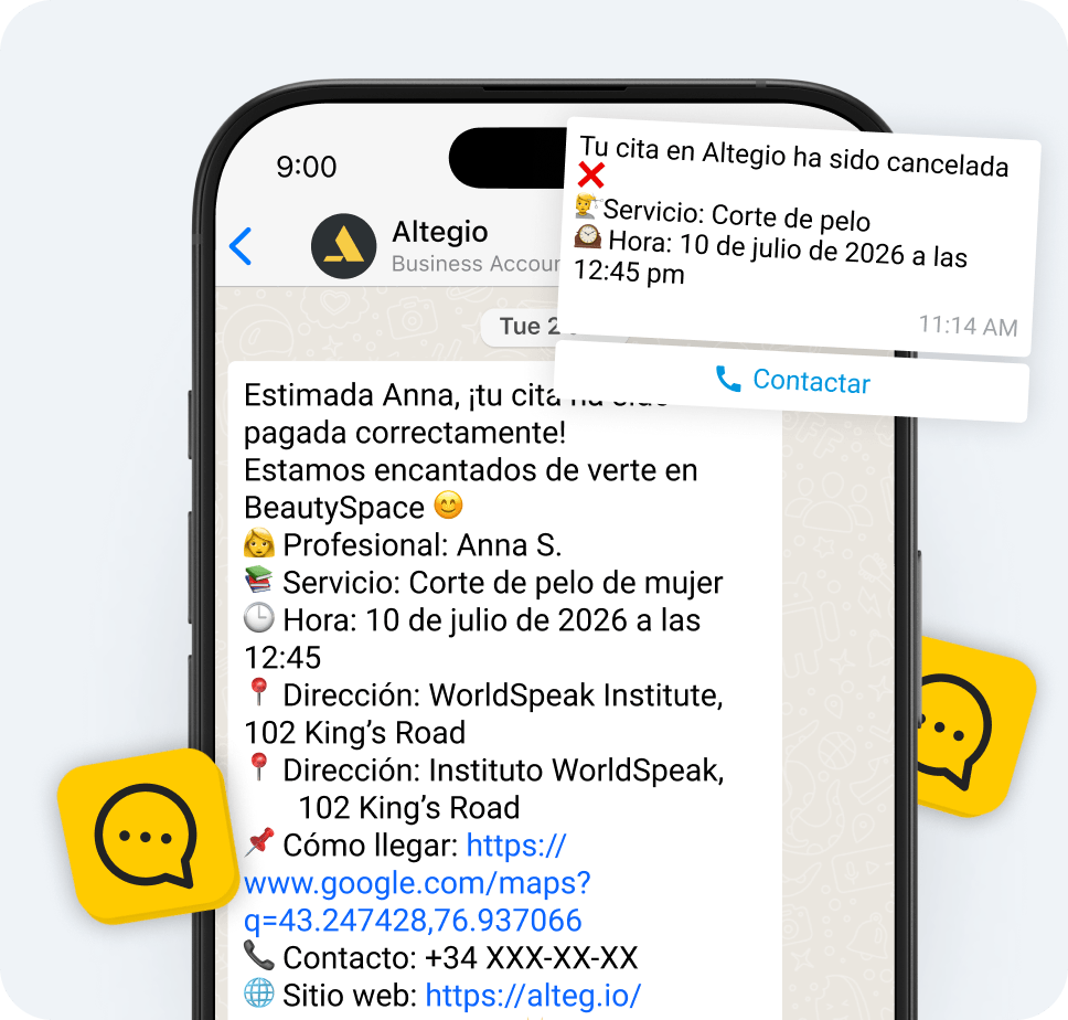 smartphone screen showing a canceled altegio appointment haircut at 1245 pm on july 10 2026 with address and map link details | altegio