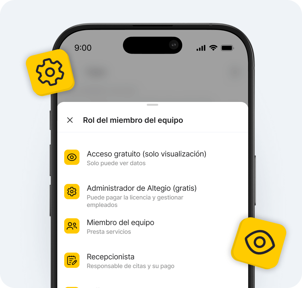 mobile app settings screen labeled &aposteam members role&apos showing a list of user roles with yellow icons eg free access view only and team member | altegio