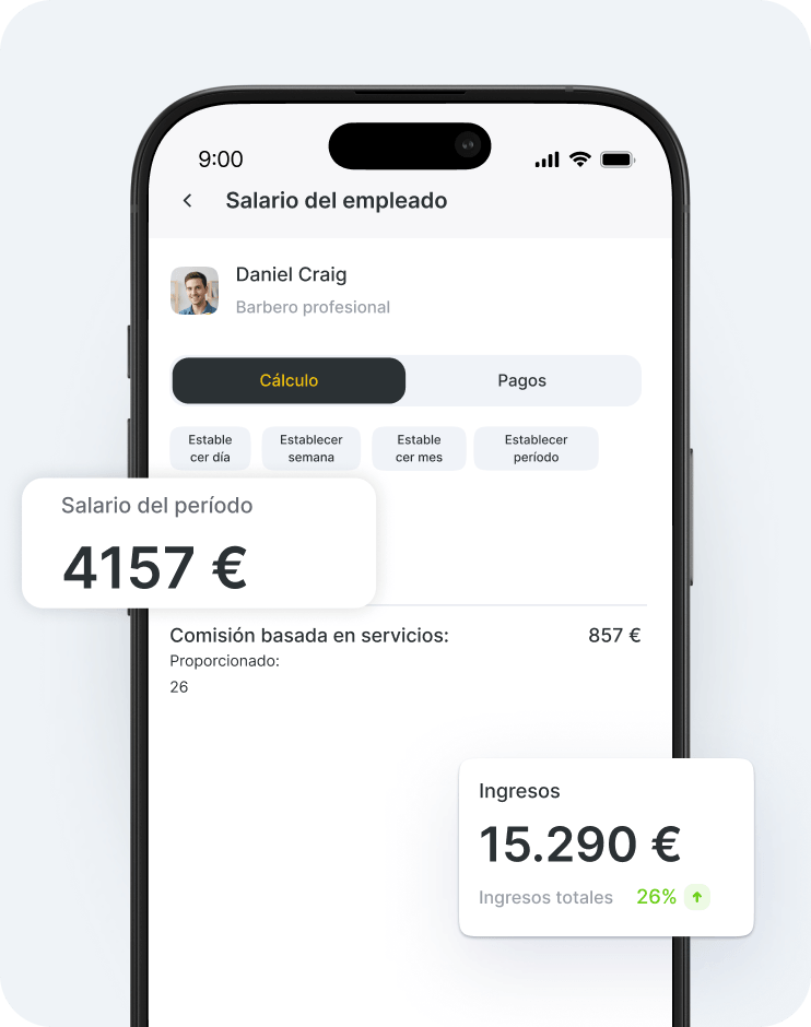 mobile salary dashboard employee profile calculation tab and floating cards showing 4157 € 857 € and 15290 € | altegio