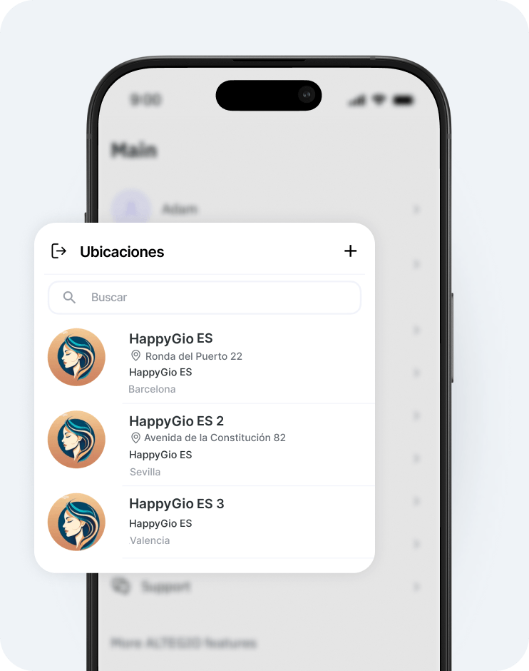 floating locations panel on a smartphone screen with a search bar and three location entries each with an avatar | altegio