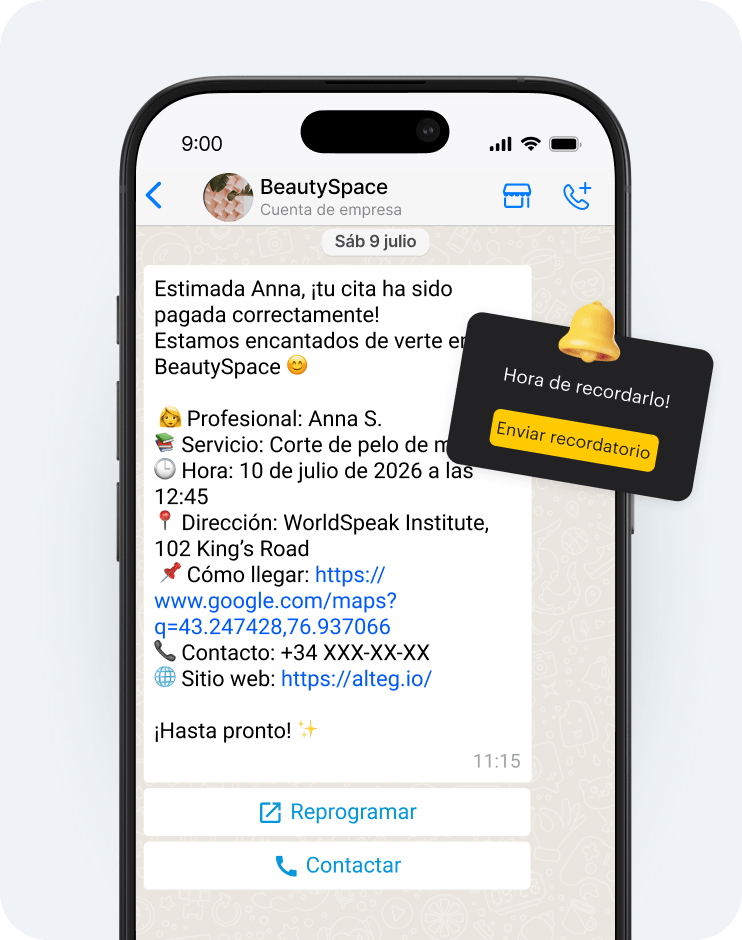 chat conversation showing paid beautyspace appointment details for anna s including service time address map link contact and website reminder card overlay | altegio