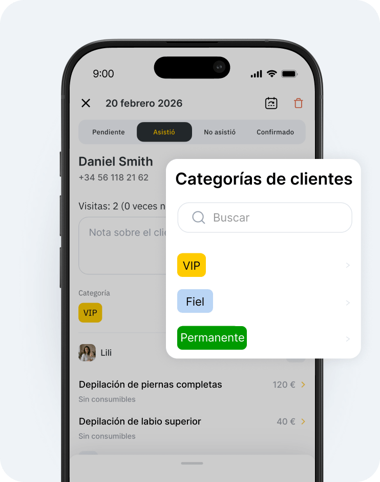 phone screen showing a &aposclient categories&apos modal with a search field and colored category tags vip yellow loyal blue permanent green | altegio