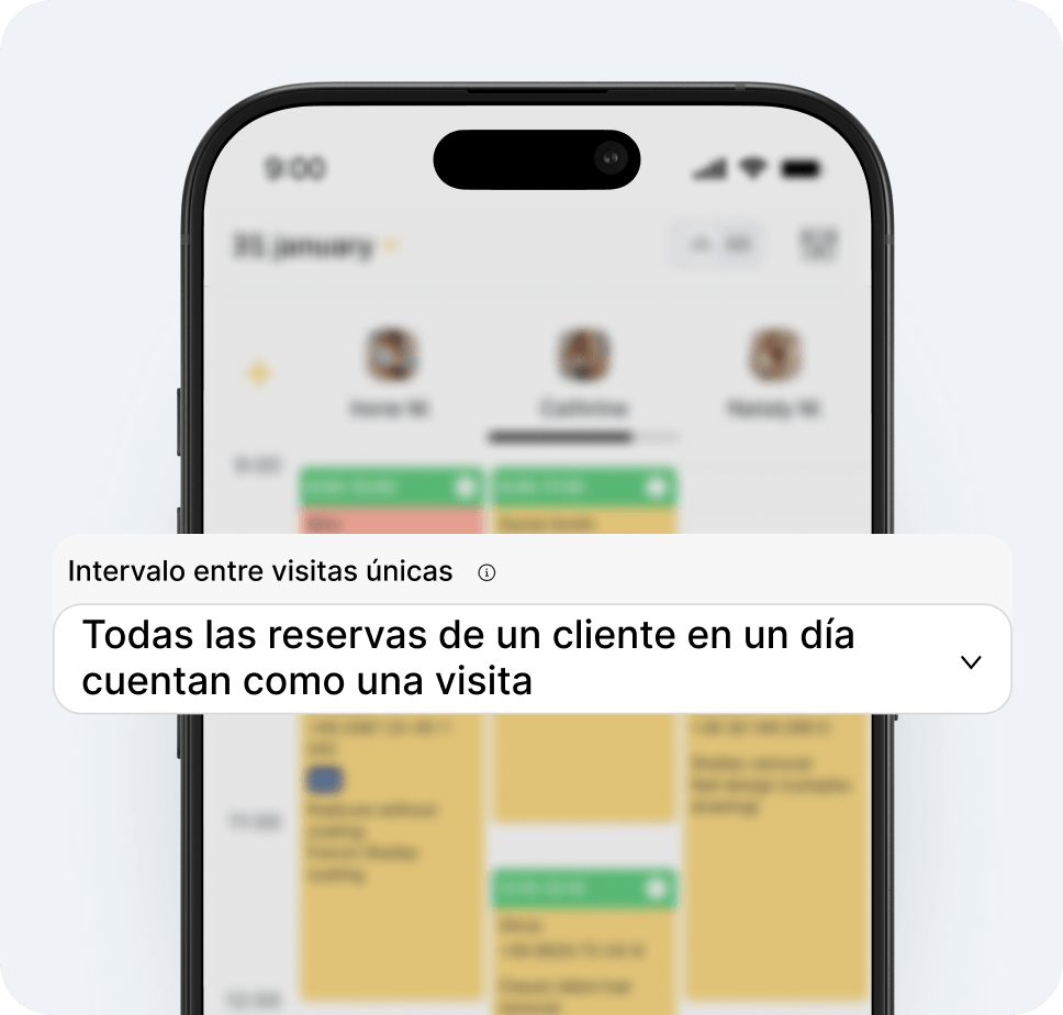 mobile app screen showing an analytics panel with a large white card that reads all clients bookings in a day count as one visit | altegio