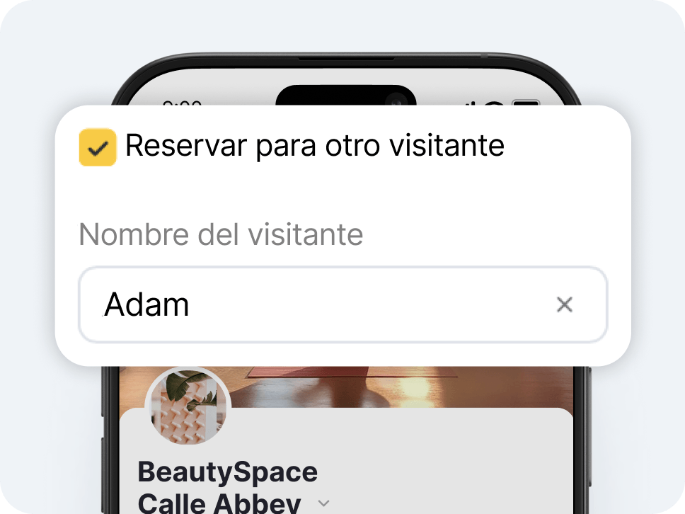 modal dialog titled &aposbook for another visitor&apos with a yellow checkmark icon asking for visitor name and showing &aposadam&apos as the entry with a close button | altegio