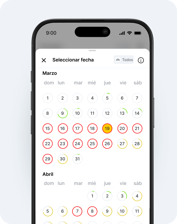 mobile date picker dialog open on a phone showing march and april calendars days in red are unavailable greenyellow rings mark selected or tentative dates with a closeback control at top | altegio