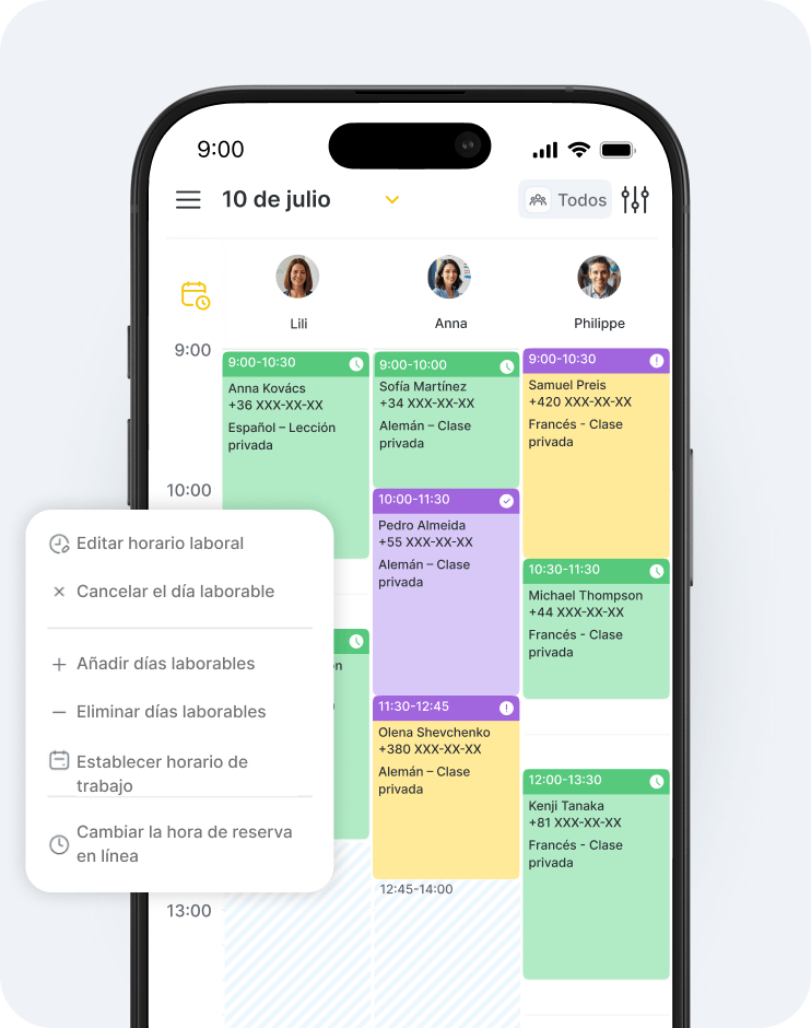 color coded weekly schedule on a mobile calendar with user avatars at the top and a floating menu showing edit and scheduling options overlaid on the screen | altegio