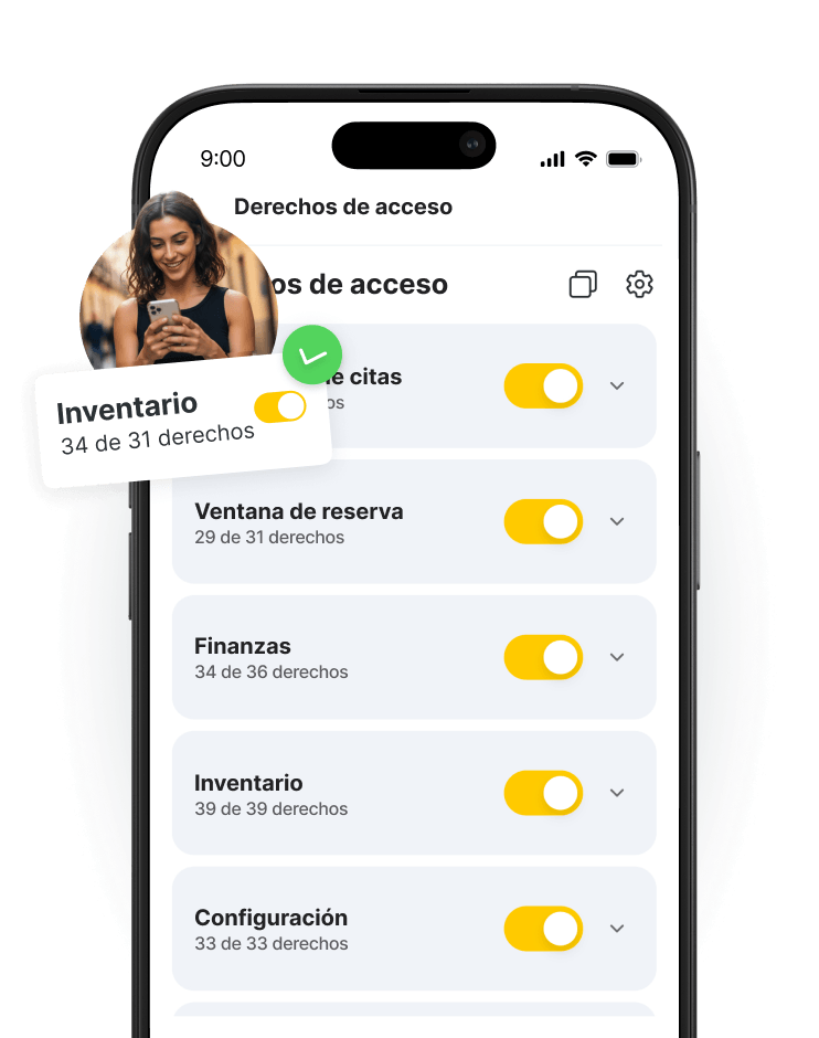 smartphone screen displaying a rights management app with a vertical list inventory booking window finance settings and orange toggle switches a circular profile photo overlaps the top left of the screen | altegio