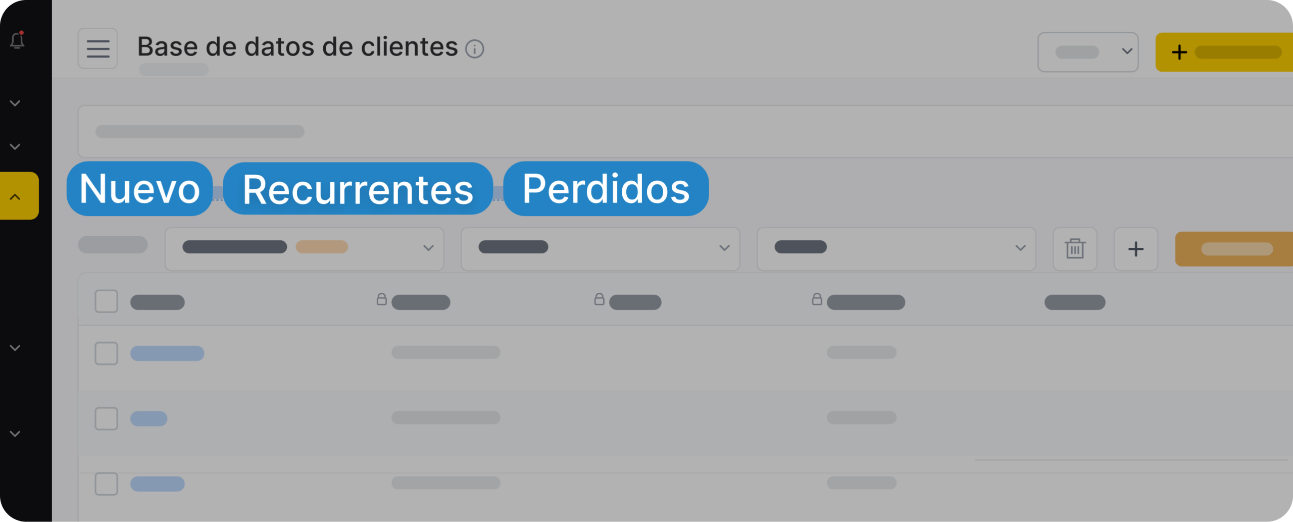 Cabecera del panel de control de CRM «base de datos de clientes» con tres iconos azules etiquetados como «nuevo», «recurrente» y «perdido» en una interfaz gris | Altegio