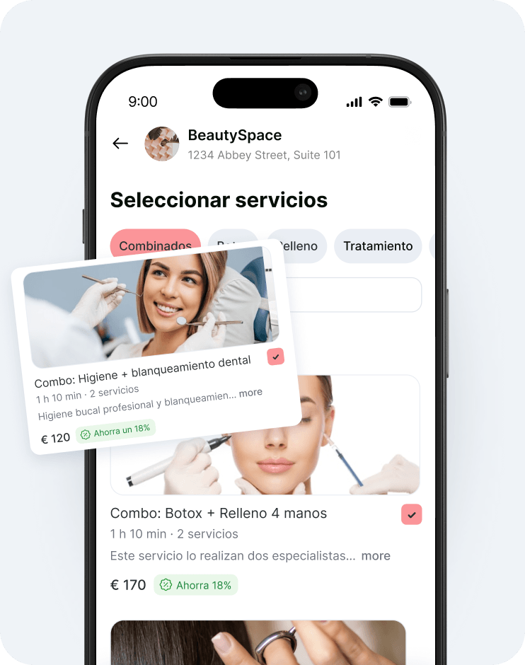 mobile app ui for a beauty clinic showing &aposselect services&apos with rounded category tabs and floating service cards | altegio