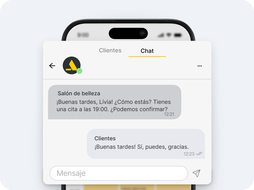 mobile chat app ui header with profile icon and &aposclients&apos and &aposchat&apos tabs current tab underlined in yellow | altegio