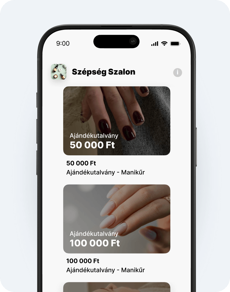A Beauty Space mobilalkalmazásának képernyője, amelyen két lekerekített ajándékkártya látható: egy 100 €-s ajándékkártya és egy 50 €-s tagsági kártya | altegio | altegio