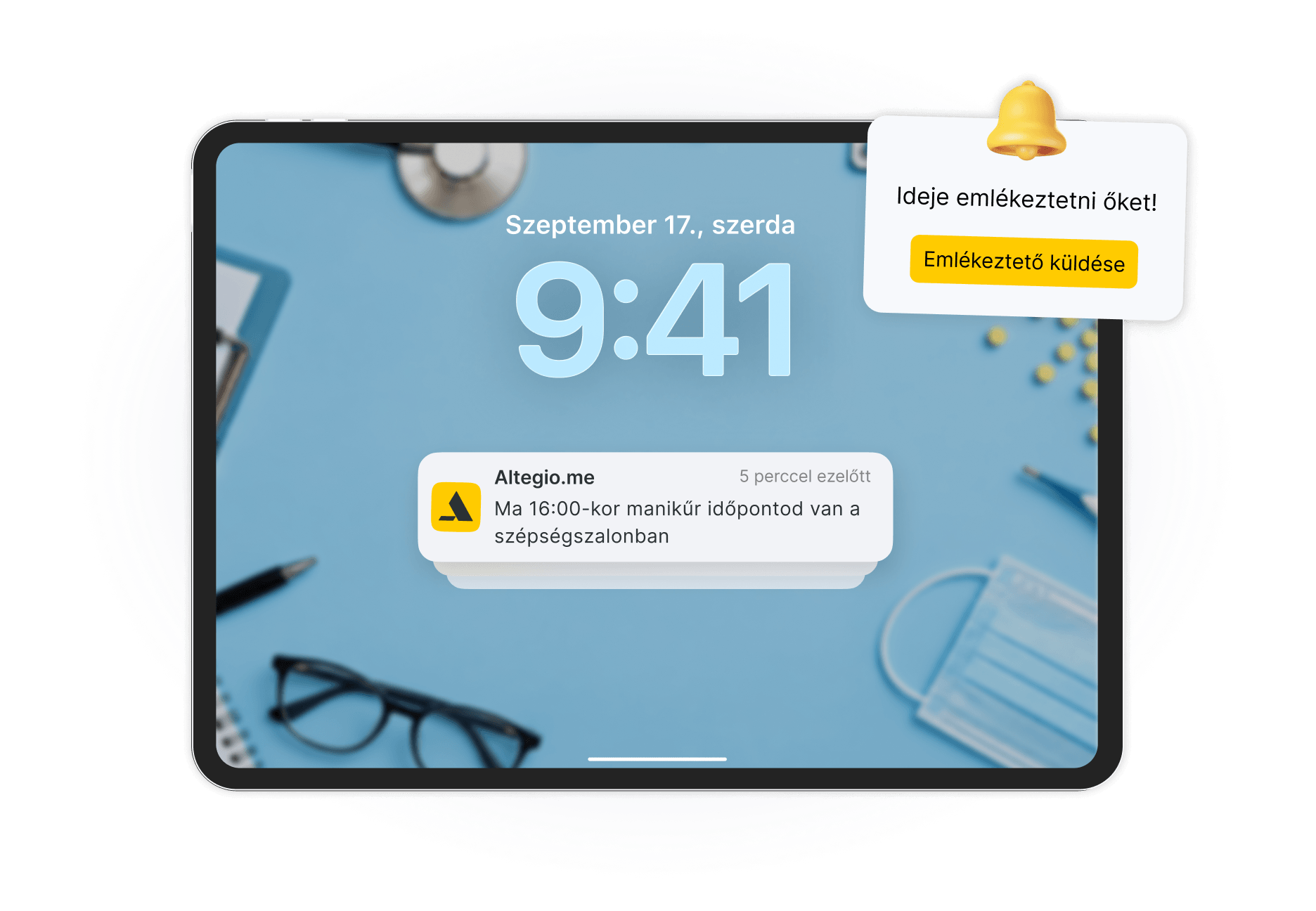 tablet screen showing reminder notification time to remind them with yellow button send reminder over blue workspace another alert about a manicure appointment from altegiome 5 minutes ago | altegio