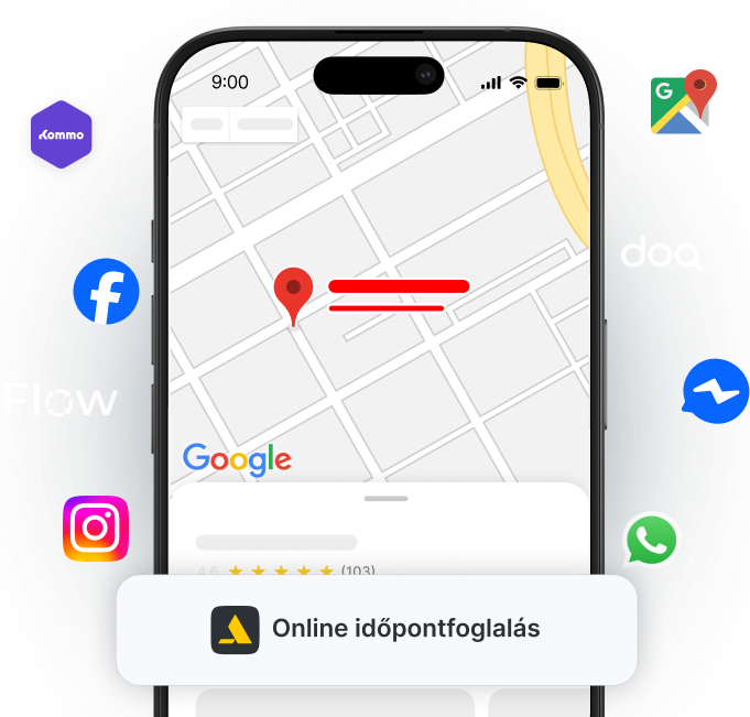 phone screen shows a map with a red location pin and route lines a floating &aposonline booking&apos banner and surrounding social app logos facebook instagram whatsapp etc suggesting sharing or booking | altegio