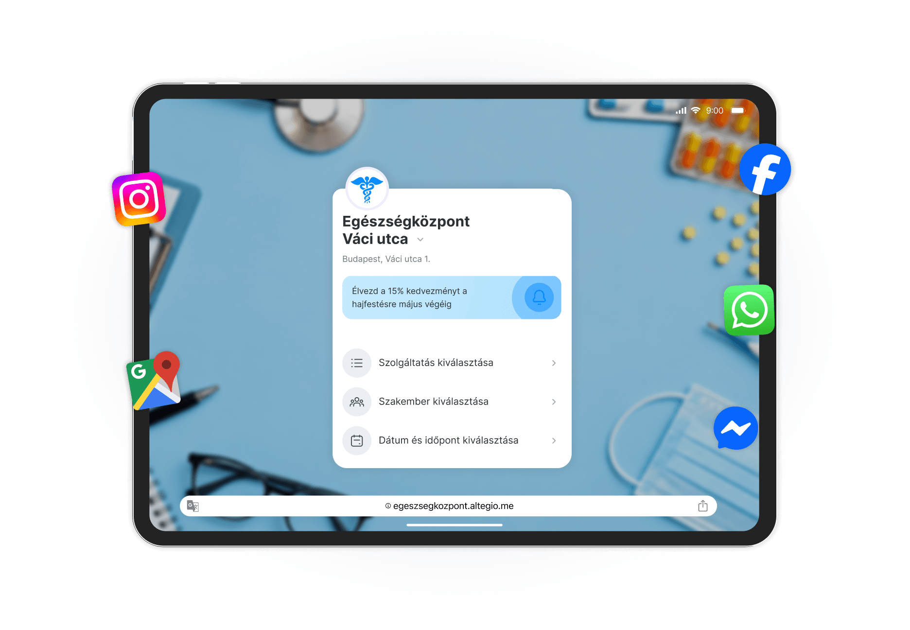 tablet screen shows a healthcare glenbrook appointment card with steps select services select specialist and select datetime surrounded by social icons instagram google maps whatsapp facebook messenger | altegio