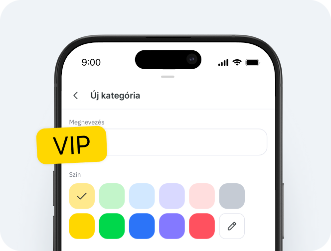 mobilképernyő, amelyen egy űrlap látható egy „vip” nevű új kategória létrehozásához; a sárga alatt található színminták közül az egyik be van jelölve, és a jobb oldalon megjelenik egy ceruza alakú szerkesztés ikon | altegio | altegio